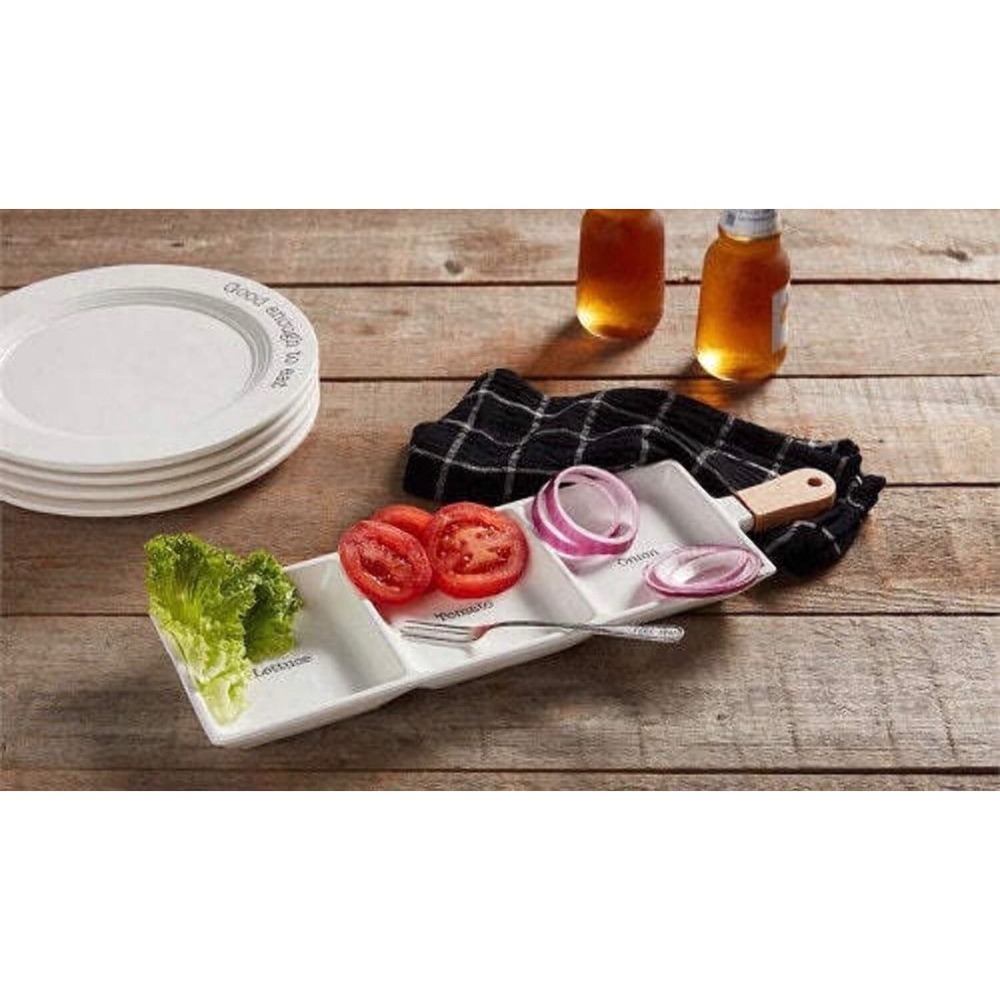 Servappetit Ceramic Burger Garnish Set 3 Section Server Wood Handle Fork NEW